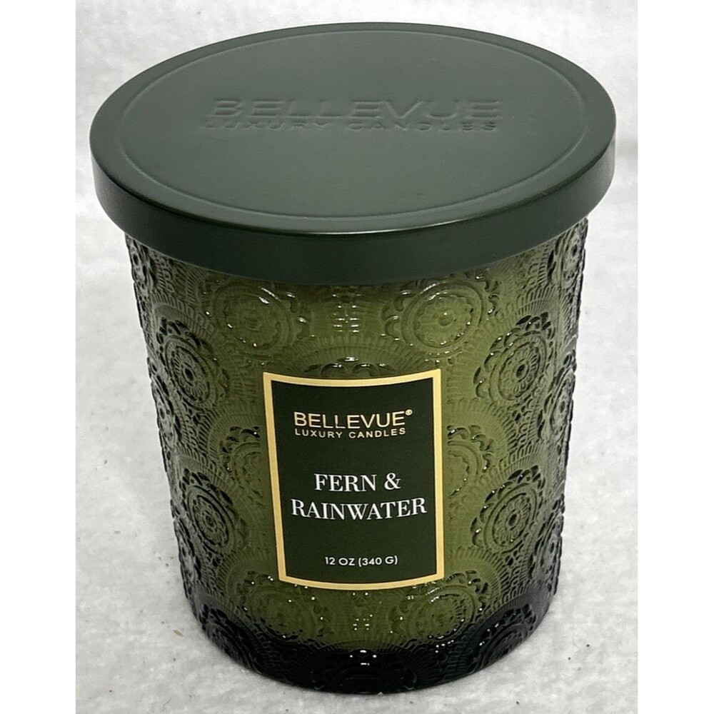 New Bellevue Luxury Candle 12 Oz Fern & Rainwater Green Glass Hostess gift